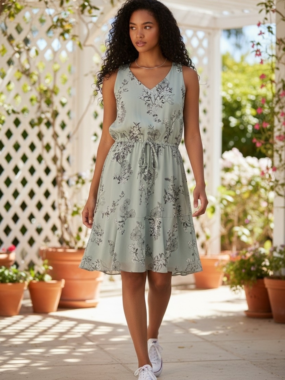 Maurices Sage Green Floral Sleeveless V-Neck Tie-Waist Midi Dress